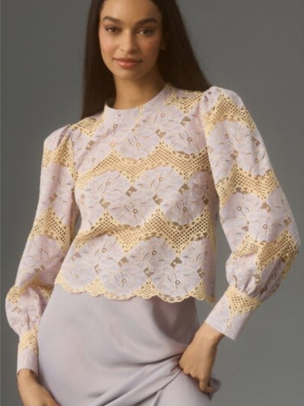 Dolan Left Coast Anthropologie Mock Neck Lace Top Puff Sleeve Lavender Cream XS